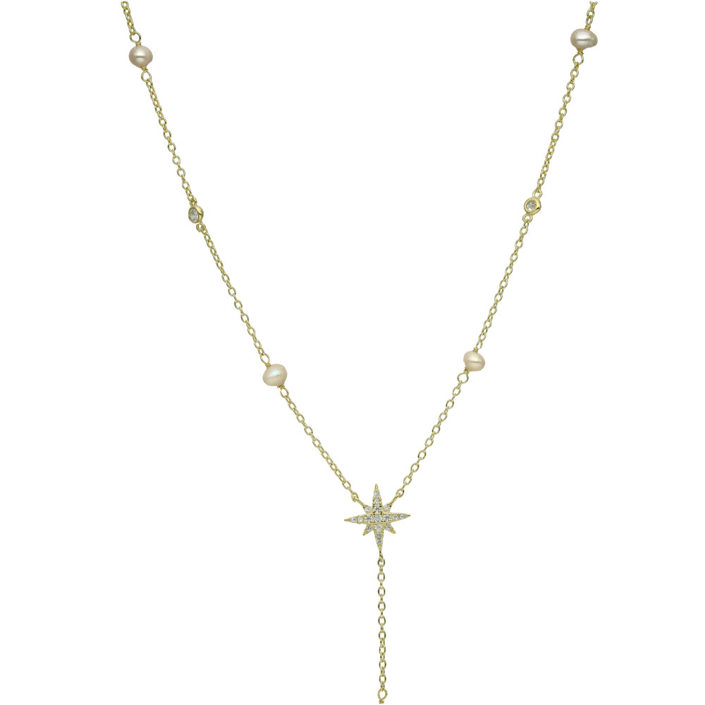 Gold silver star necklace and white natural pearls tie 2
