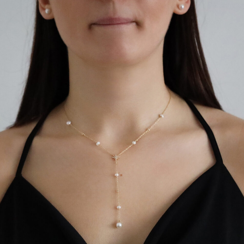 Collier argent doré étoile et perles naturelles blanches cravate 2