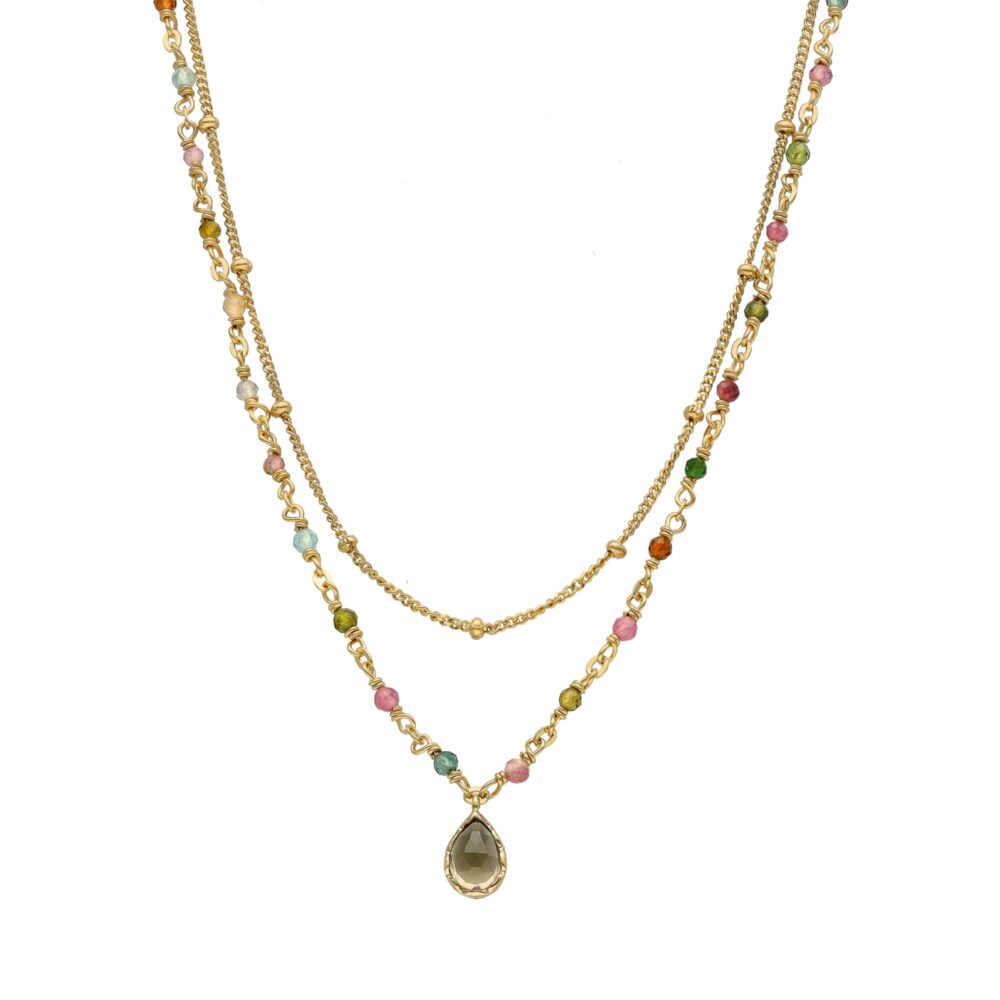 Gold silver necklace drop double chains multi-tourmaline stones 1