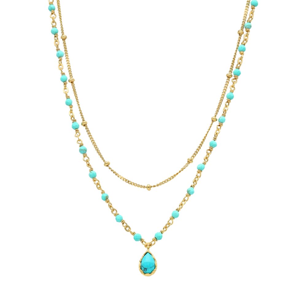 Golden silver necklace drop double chains natural turquoise stones 1