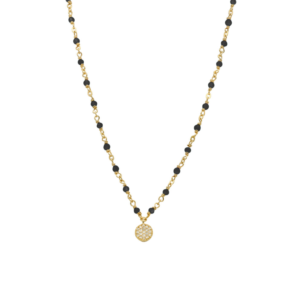Collier argent doré médaillon diamanté et pierres spinelle noire