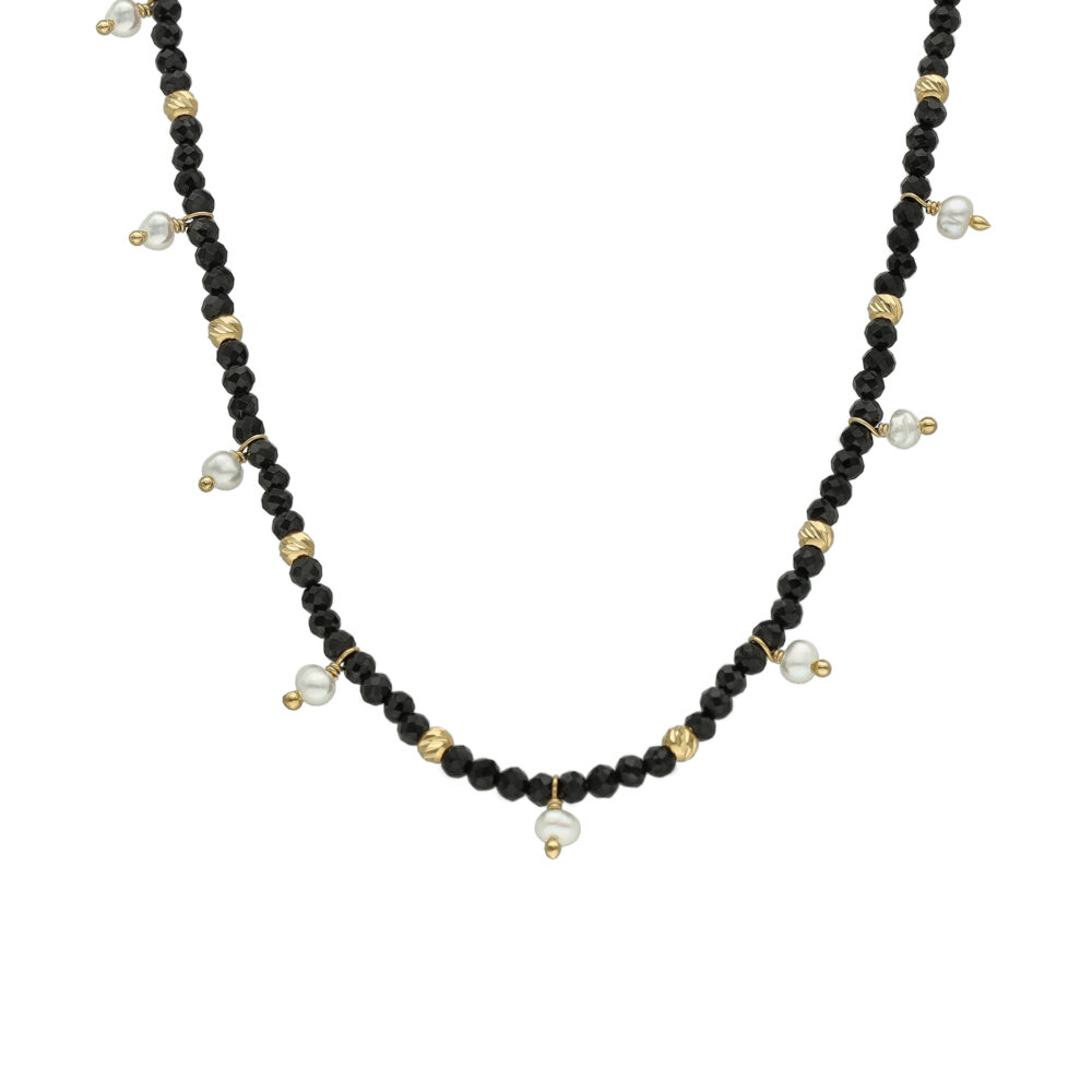 Collier argent doré pampille perle naturelle et spinelle noire