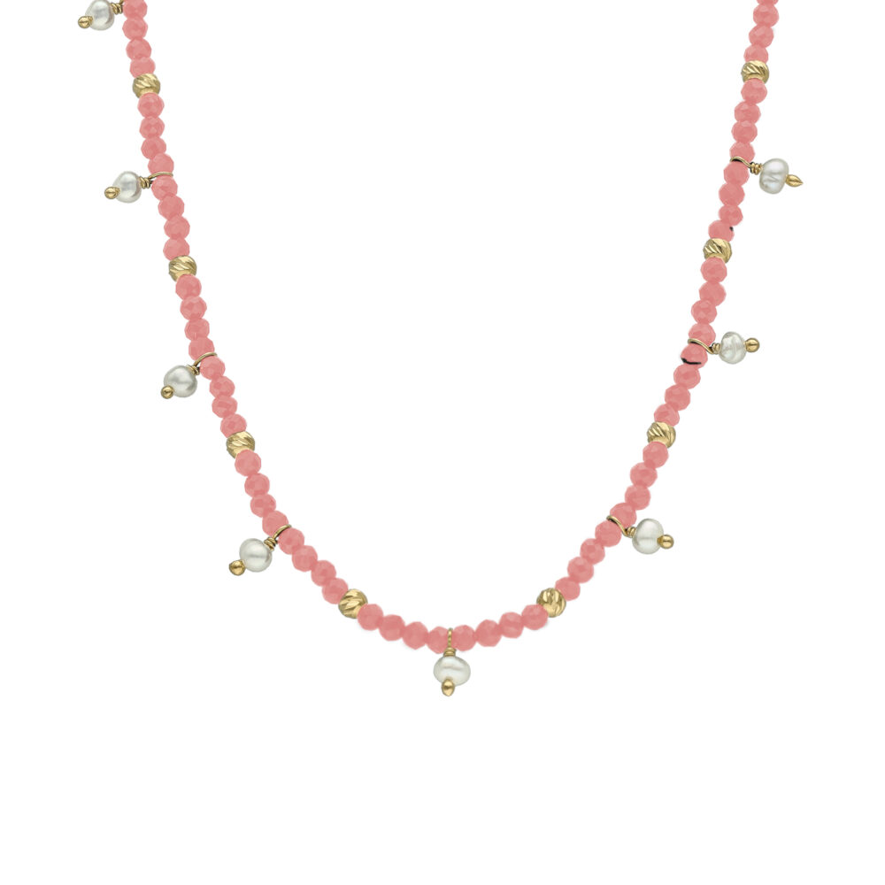 Collier argent doré pampille perle naturelle et rhodonite fraise