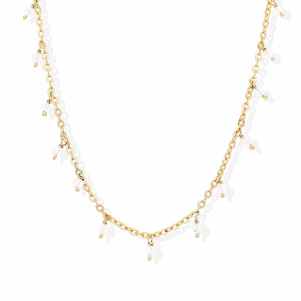 Gold silver necklace with small drops of white moonstone beads 1