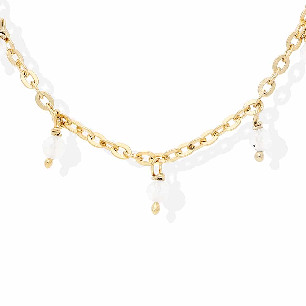 Gold silver necklace with small drops of white moonstone beads 3