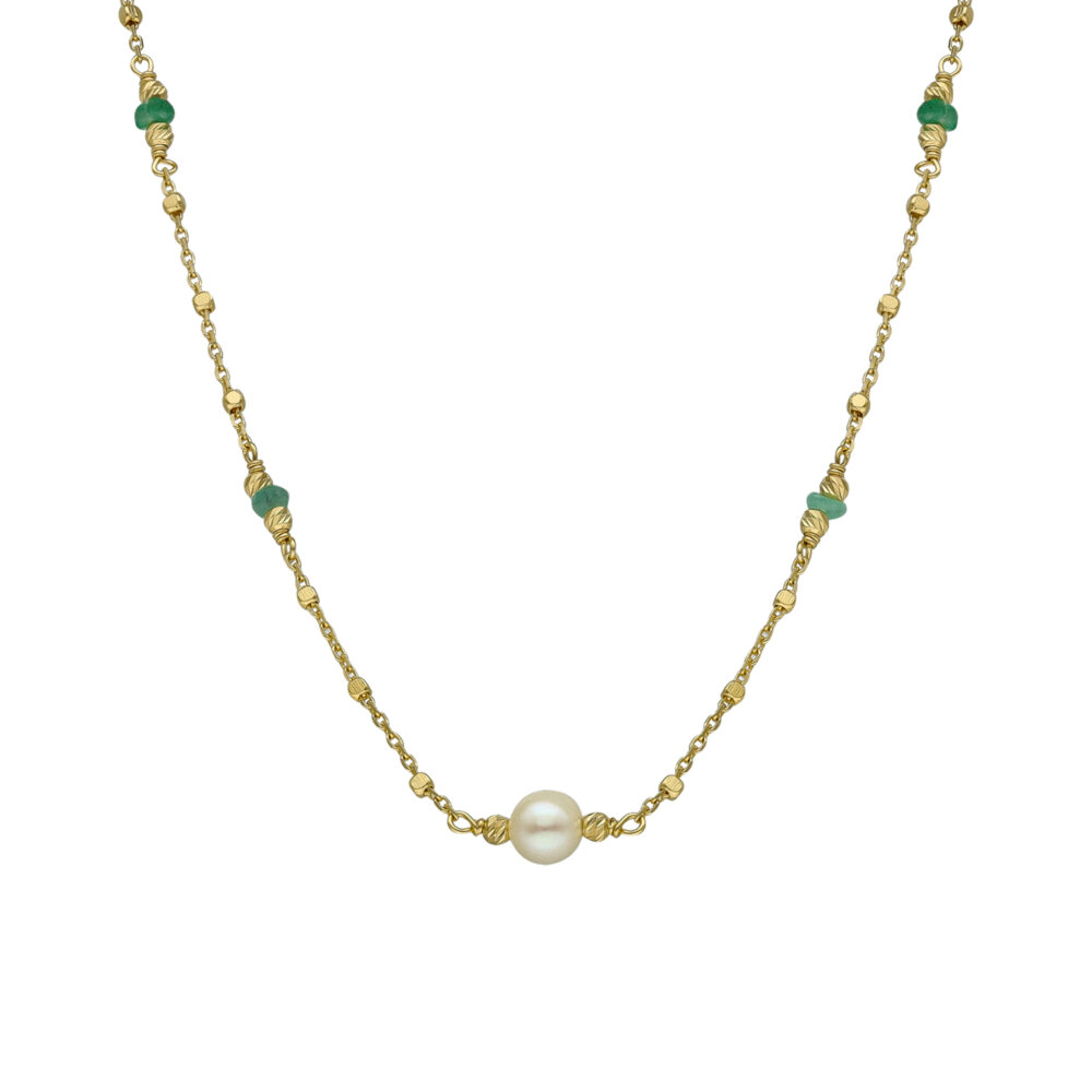 Collier argent doré pierres précieuses émeraude et perle naturelle blanche