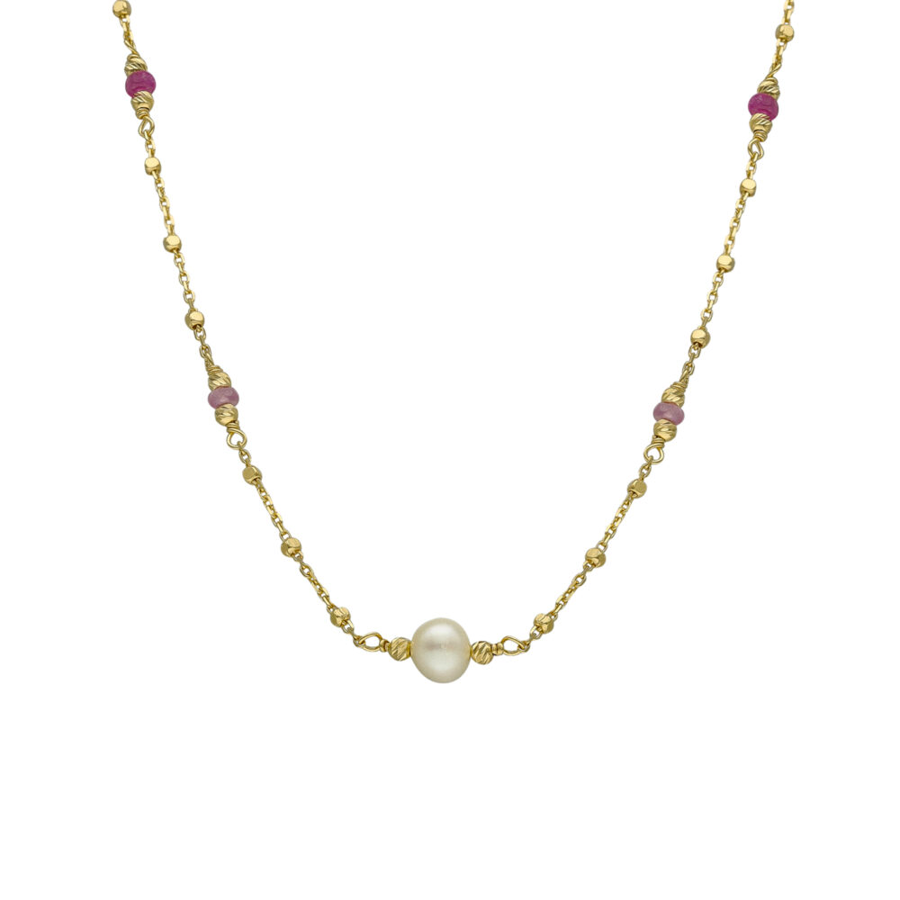 Collier argent doré pierre rubis et perle naturelle blanche