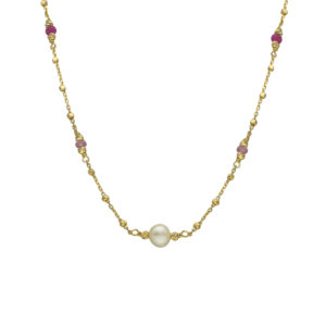 Collier argent doré pierres précieuses rubis véritable et perle naturelle blanche 3