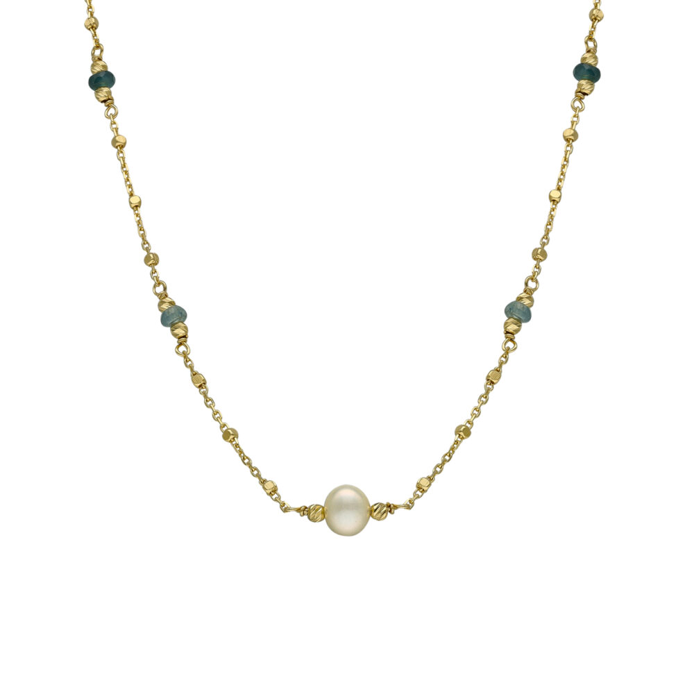 Collier argent doré pierre saphir et perle naturelle blanche