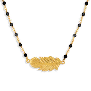 Collier argent doré plume et pierres naturelles noires 4