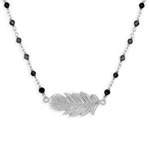 Collier argent rhodié plume et pierres spinelle naturelles noires 4