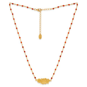Collier argent doré plume et pierres naturelles rouges 5