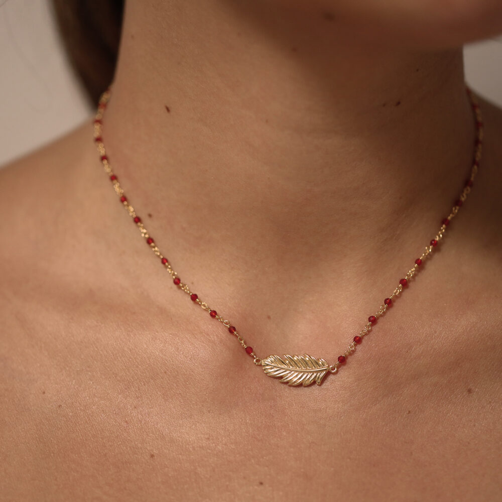 Rhodium silver feather necklace and natural red onyx stones 3