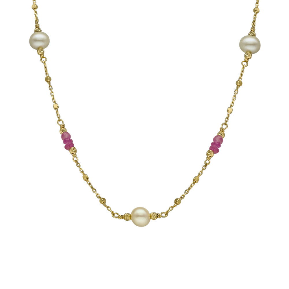 Collier argent doré rubis et perle naturelle blanche
