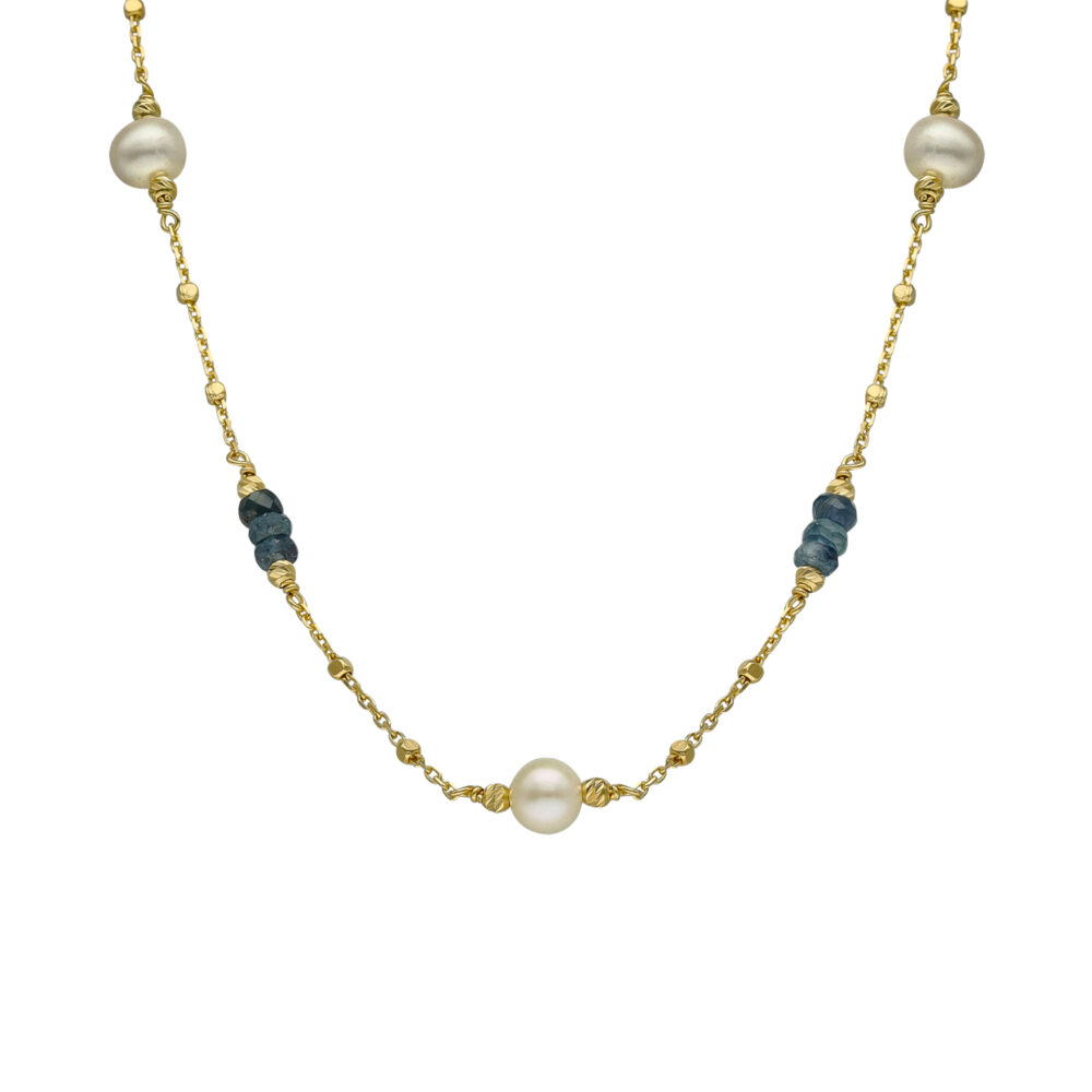 Collier argent doré saphir et perle naturelle blanche