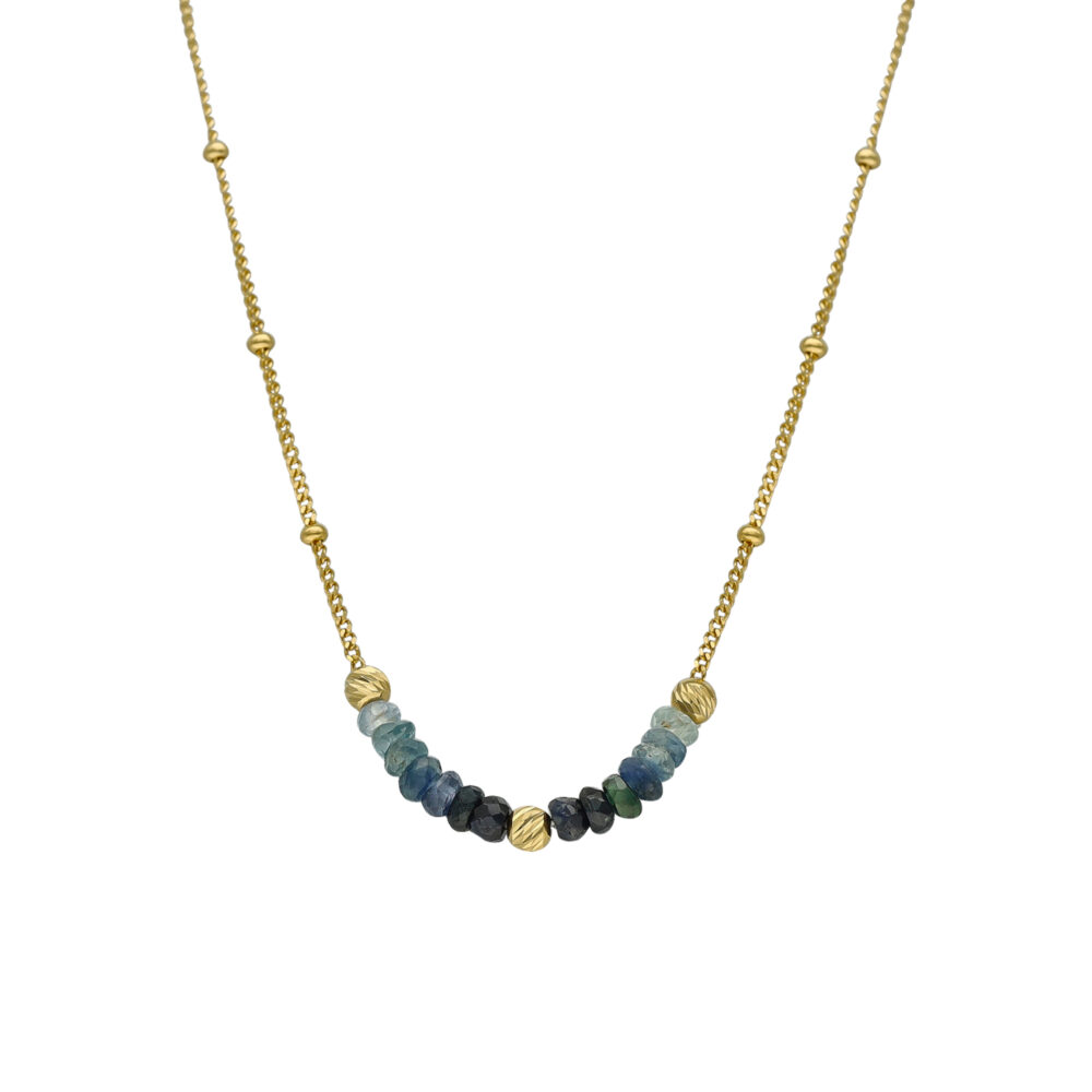 Collier argent doré pierres précieuses saphir et perles dorées
