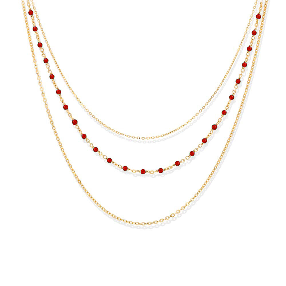 Triple golden silver necklace with small red onyx stone beads 3