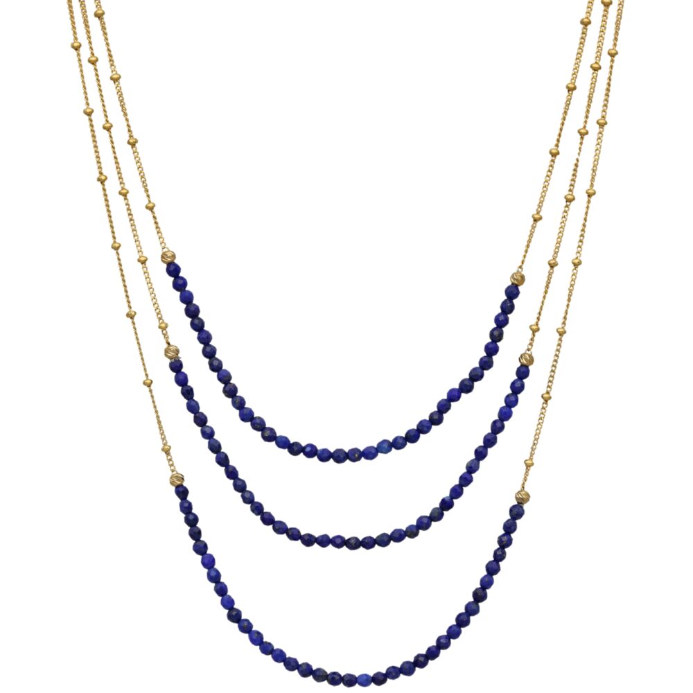 Golden silver necklace with three chains and natural lapis stones 1
