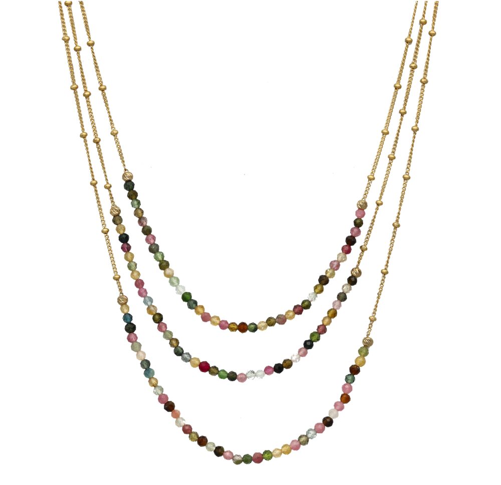 Golden silver necklace with three chains and natural multi tourmaline stones 1