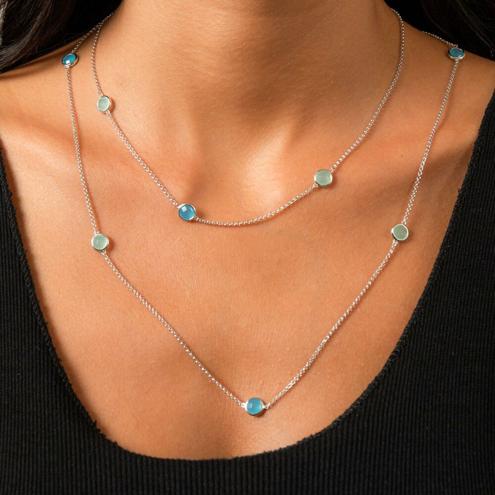 Silver double row necklace blue and green crystal drop 4