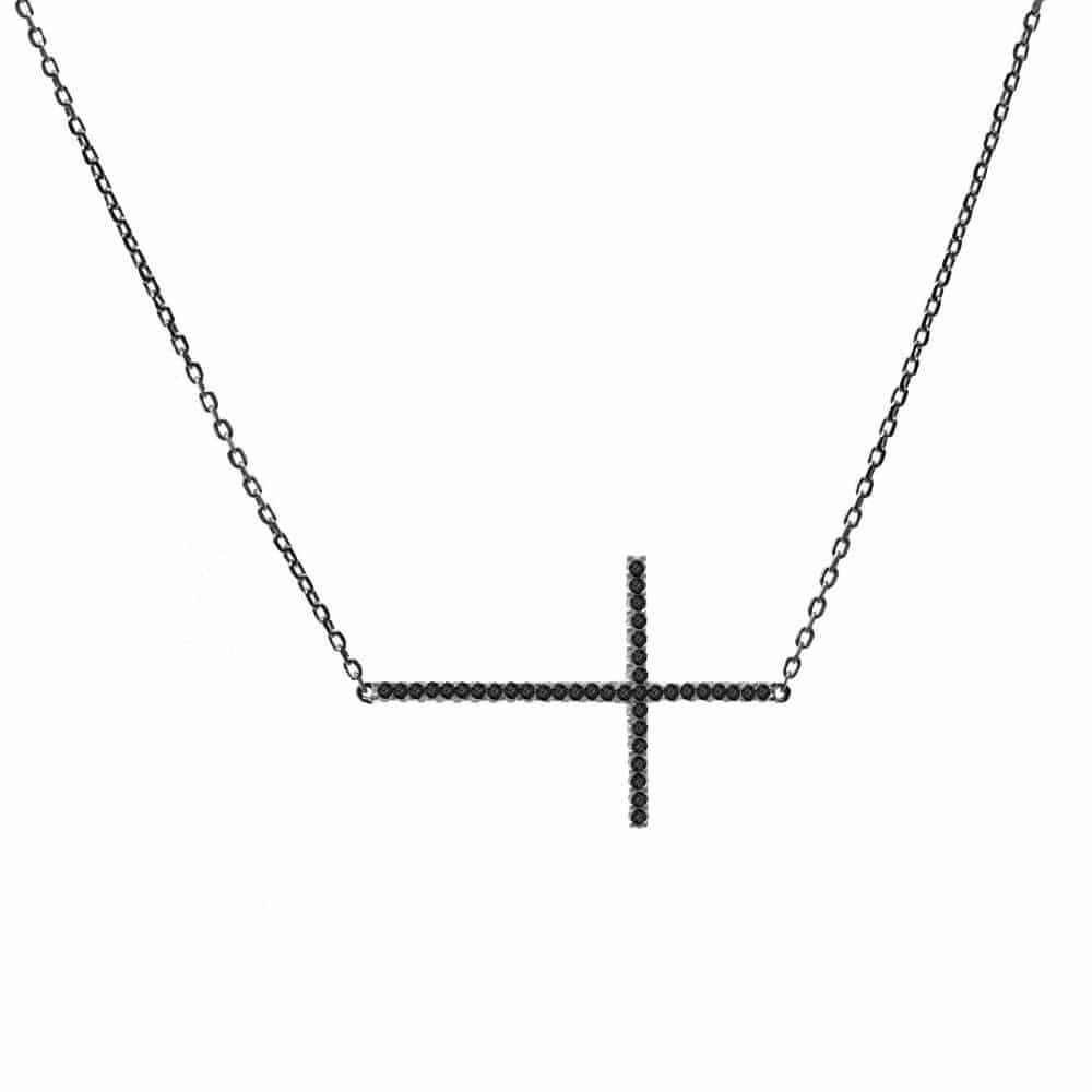 Collier argent noir croix horizontale 1