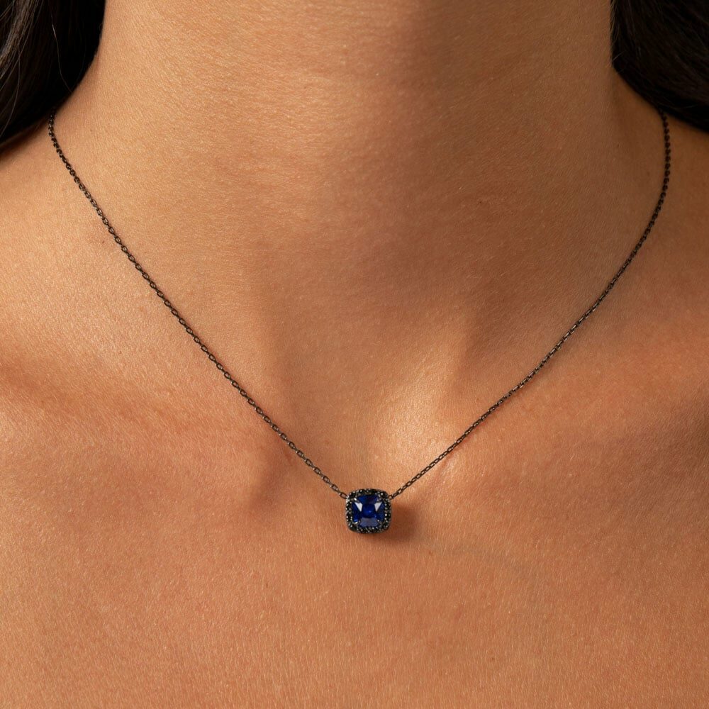 Silver black solitaire blue square necklace 3