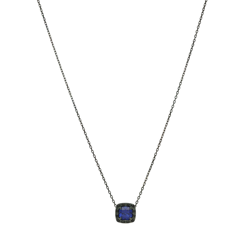 Silver black solitaire blue square necklace 1