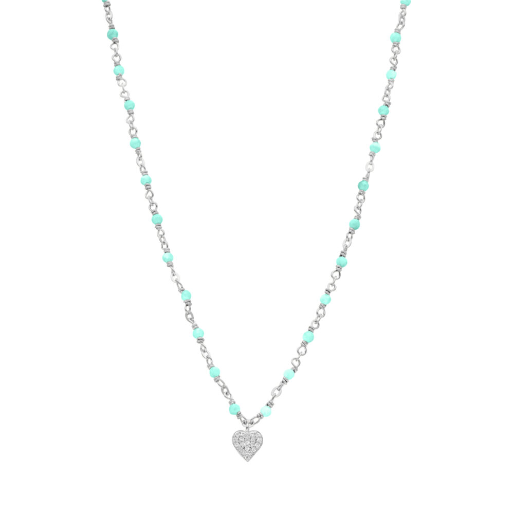 Rhodium-plated silver heart necklace set in white and amazonite stones 1