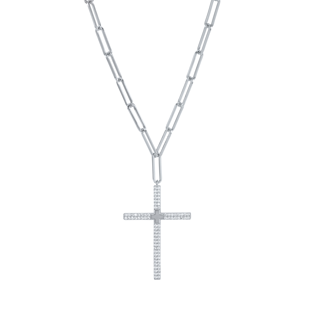 Collier argent rhodié croix sertie de zirconiums blanc 1