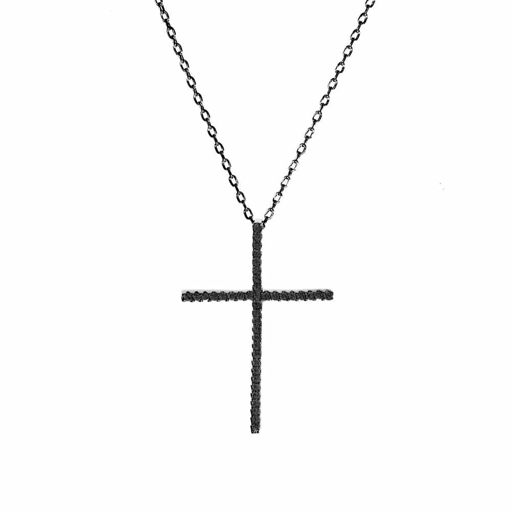 Collier argent noir croix verticale 1