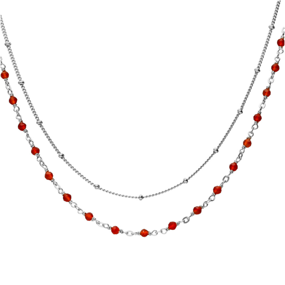 Collier argent rhodié double chaine et pierres naturelles onyx rouge