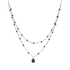 Collier argent rhodié double chaine goutte pierres naturelles spinelle noir 3