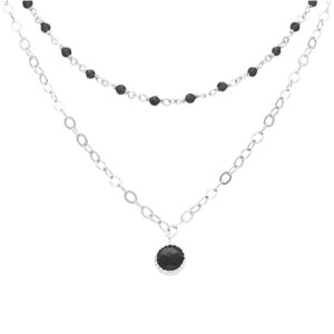 Collier argent rhodié double chaine et pierres naturelles noire 3