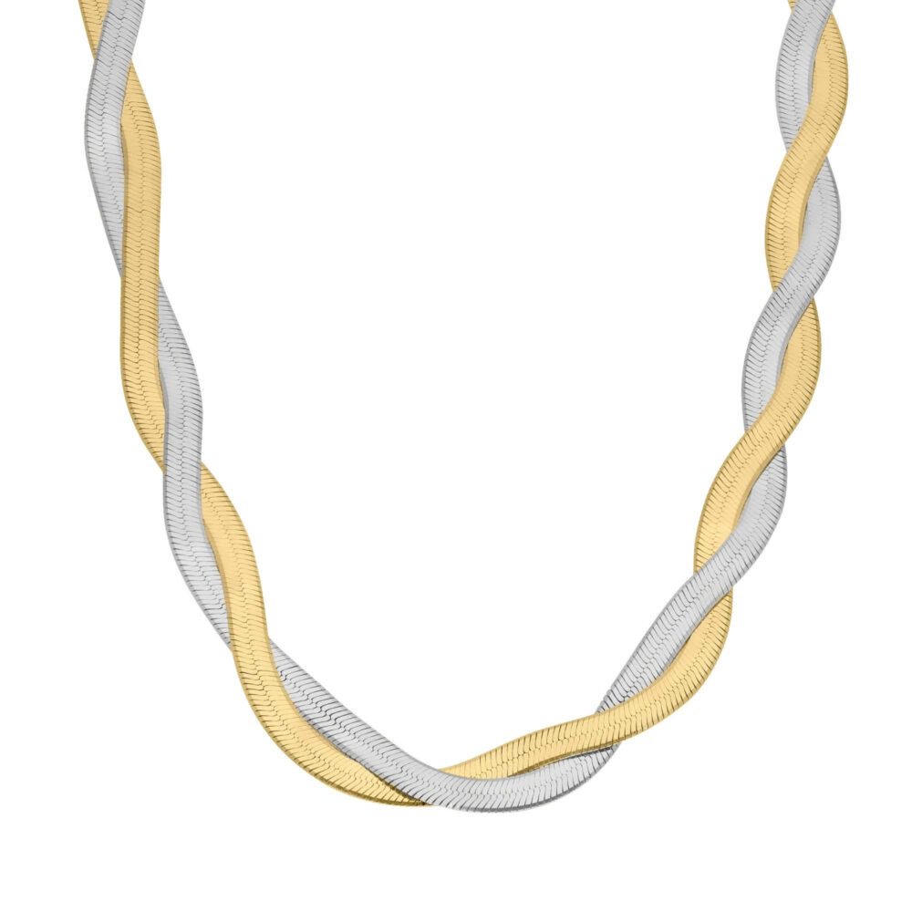 Rhodium-plated and gold-plated silver necklace with double serpentine links 1
