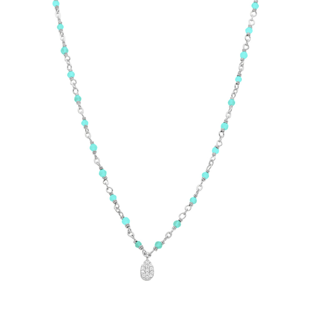Rhodium-plated silver drop necklace set with white amazonite stones 1