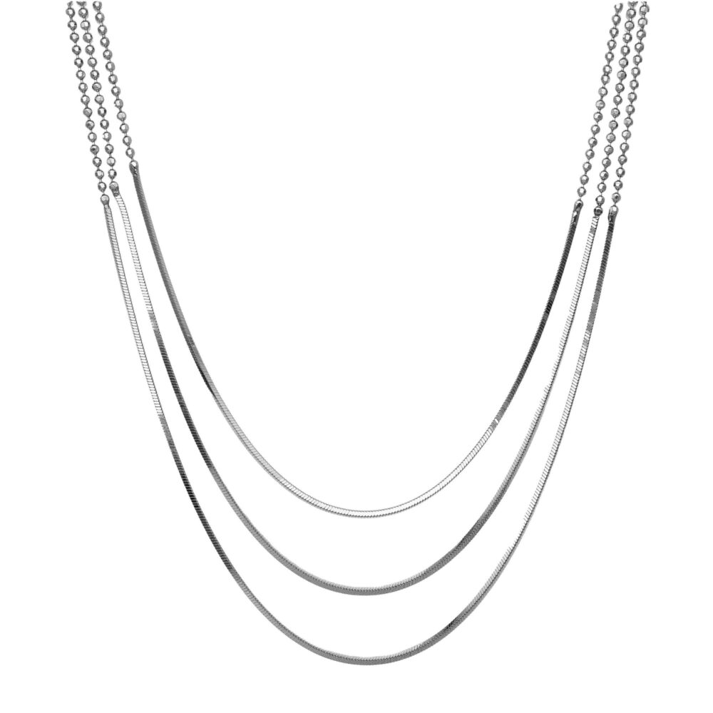 Rhodium-plated silver necklace with triple serpentine links and diamond ball chain 1