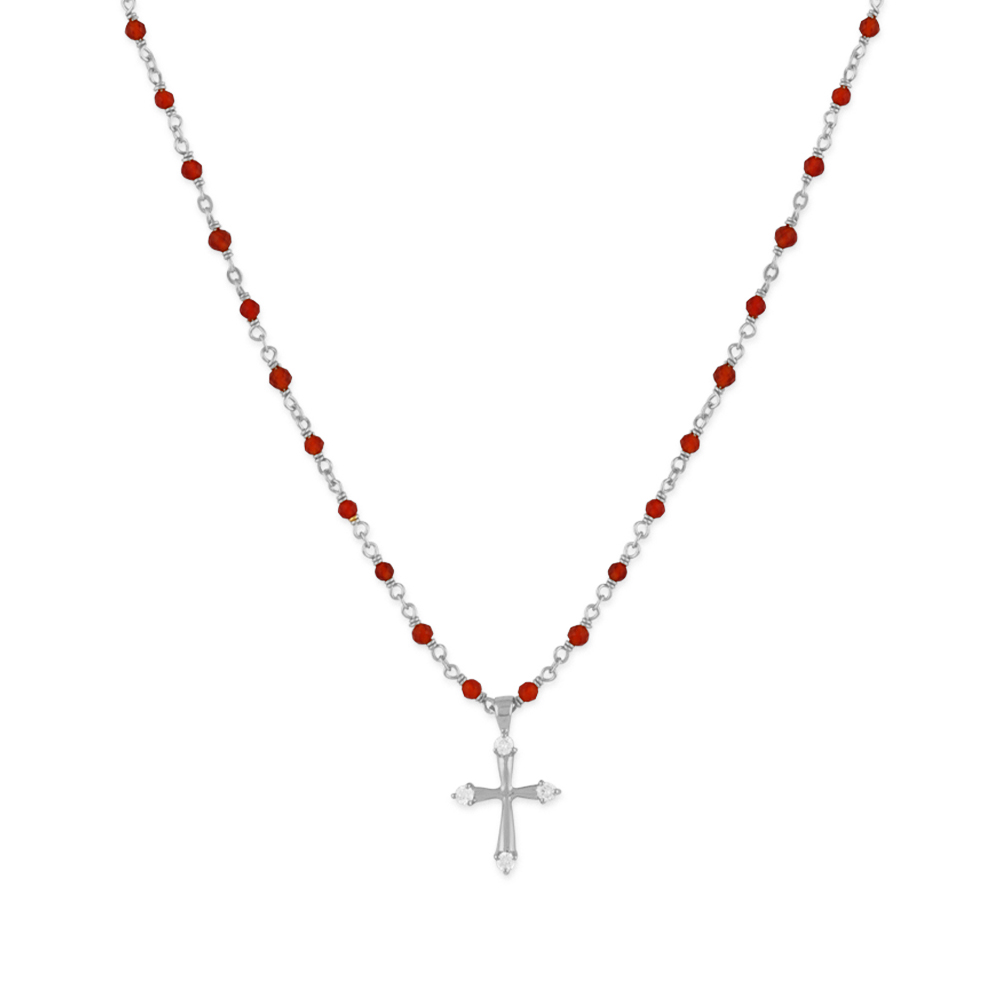 Collier argent rhodié croix et pierres naturelles onyx rouge 1