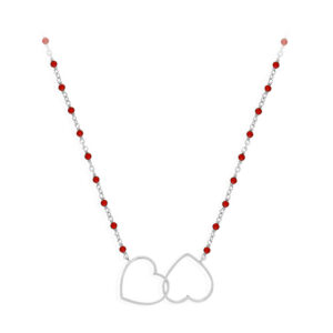 Collier argent rhodié double cœur et pierre rouge 3
