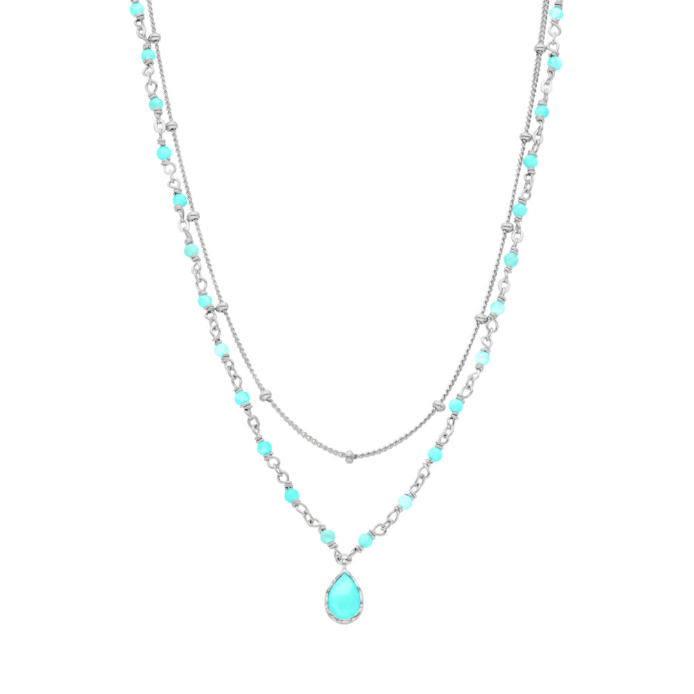 Rhodium silver necklace drop double chains amazonite stones 1