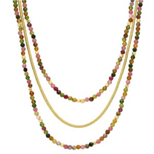 Collier argent triples chaines doré et perles multi-tourmaline 3