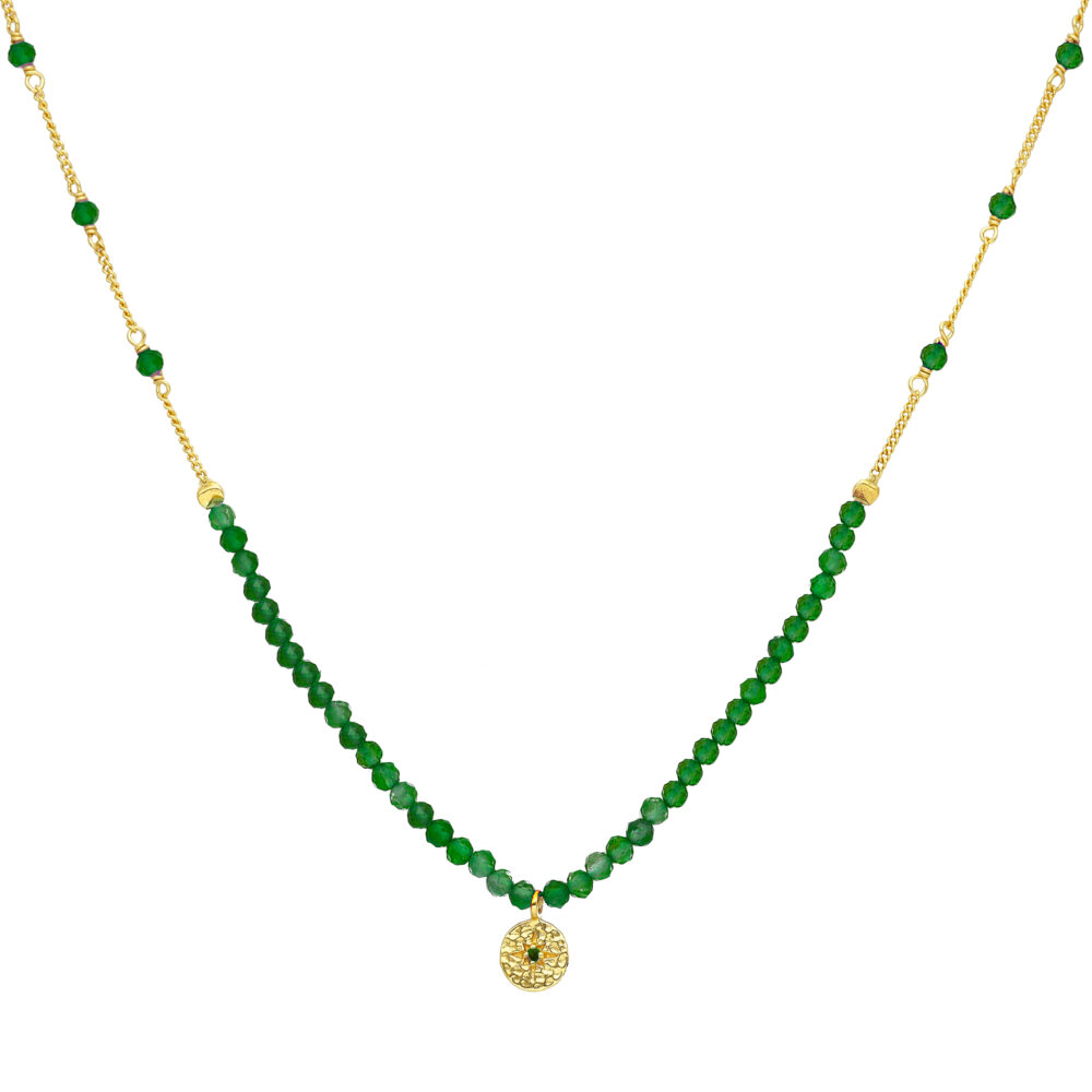 Collier chaîne argent doré avec perles de onyx vert et pampille 1