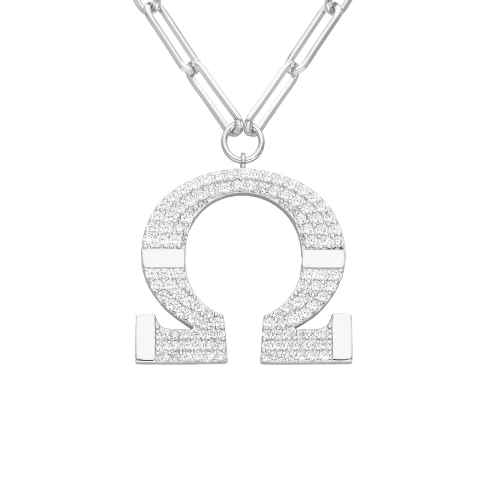 Omega silver chain necklace set with white zirconiums 2