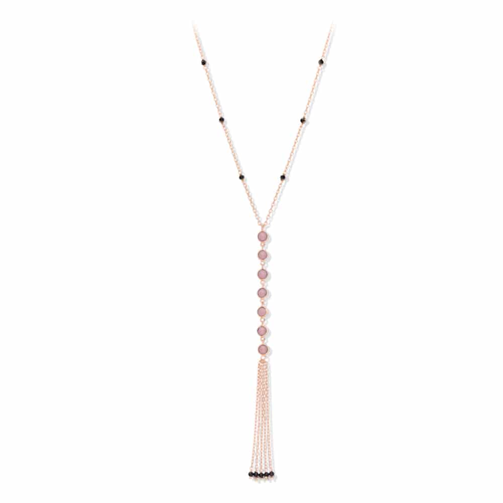 Collier cravate argent rose pompons pierres de lune naturelles perle noire 1