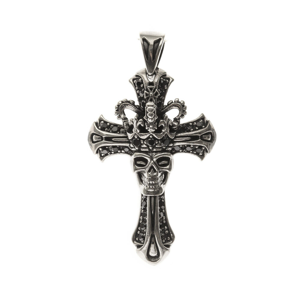 Men's Royal Cross Skull Silver Stone Black Necklace 3