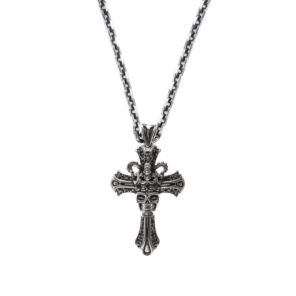 Men's Royal Cross Skull Silver Stone Black Necklace 1