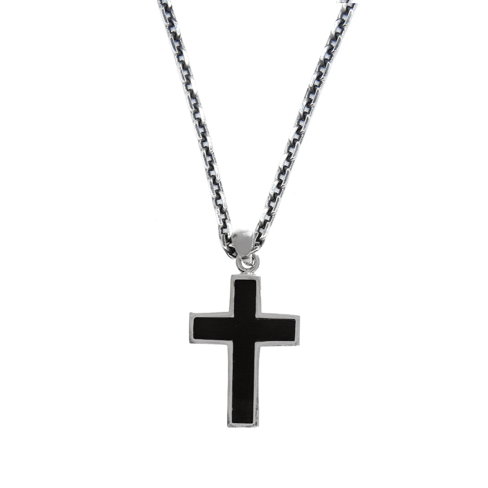 Men's silver black onyx rock cross necklace 1