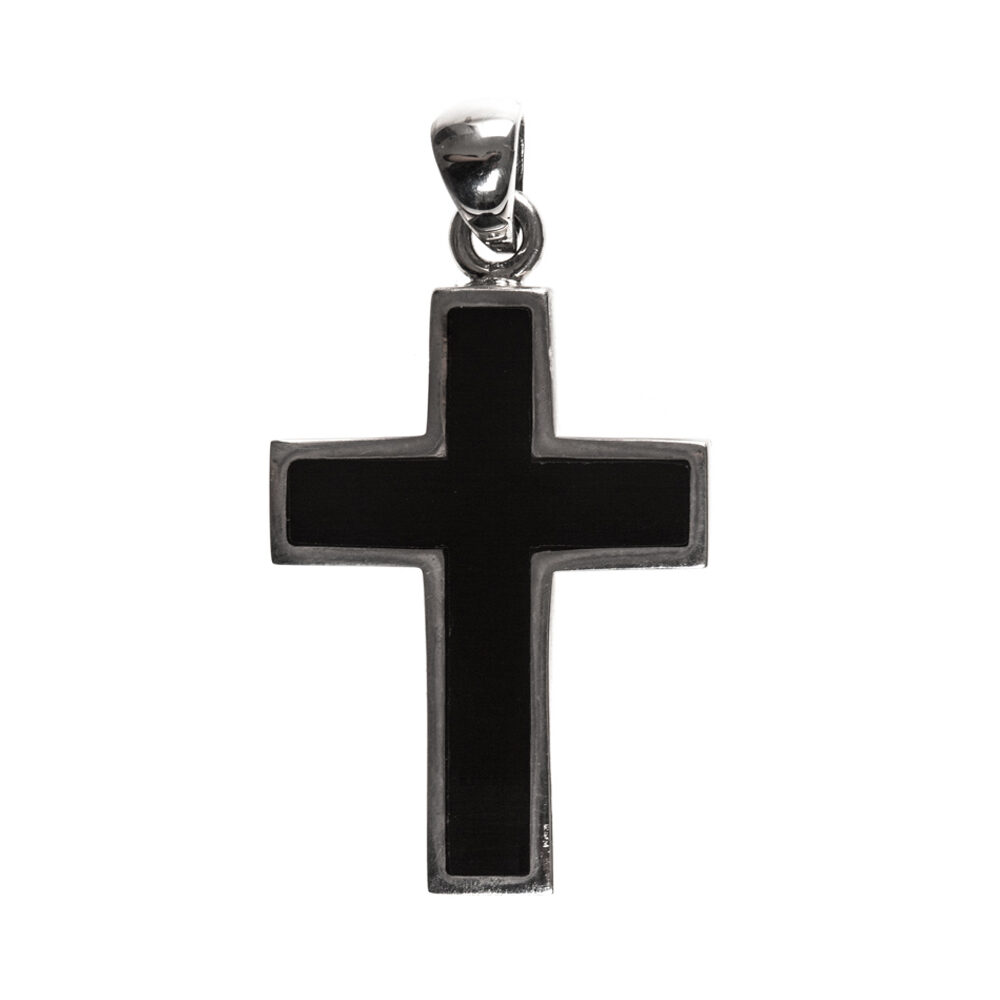 Men's silver black onyx rock cross necklace 4