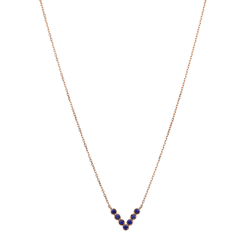 Triangle necklace in pink silver and natural lapis stones 1