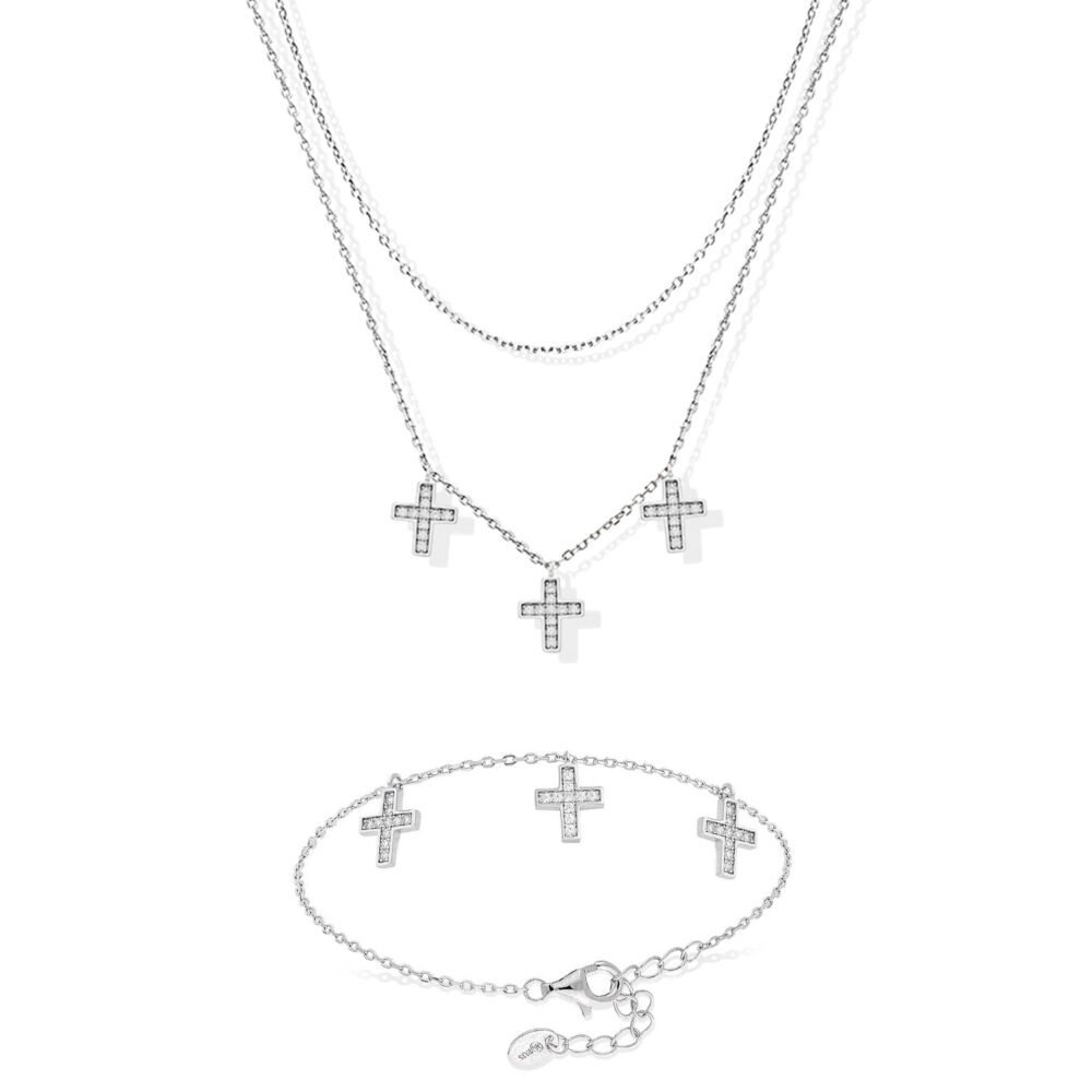 Santa cross bracelet necklace set in silver and white zirconium 1