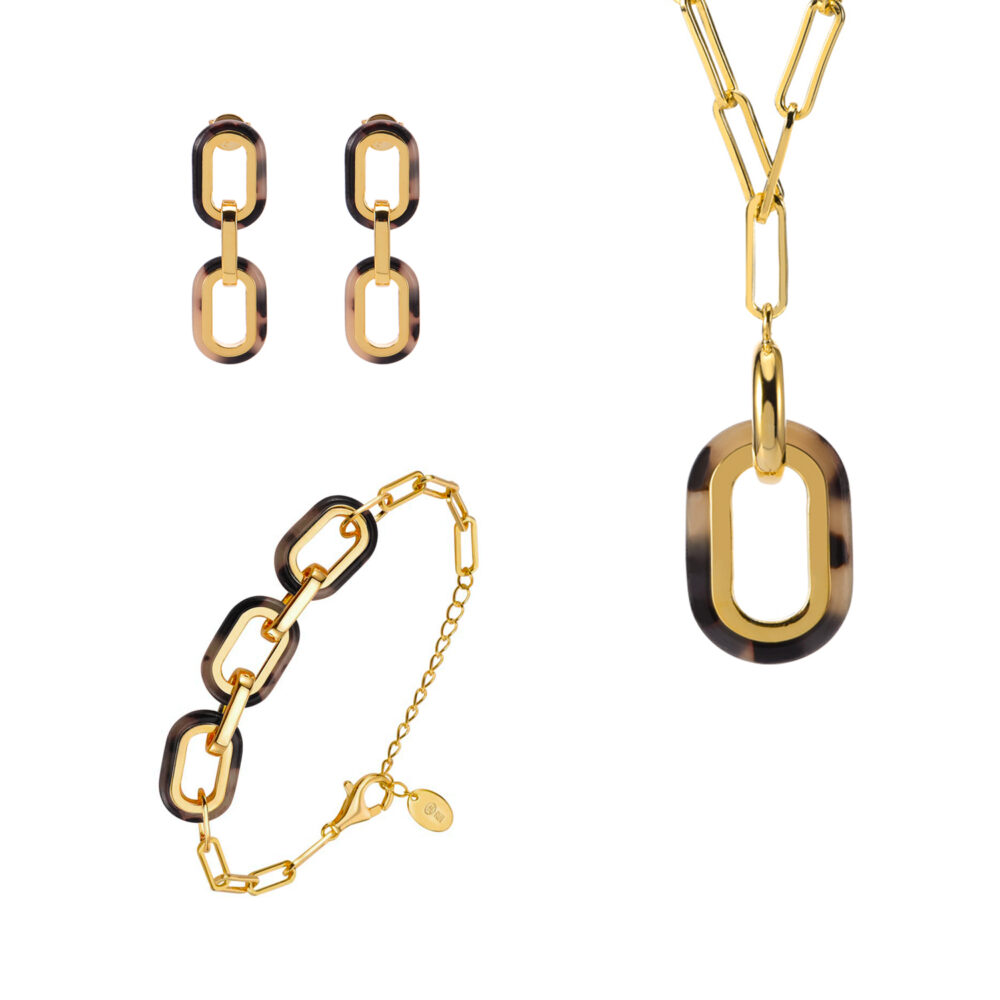 Parure Seven necklace bracelet earrings in gold-plated silver and acetate 1